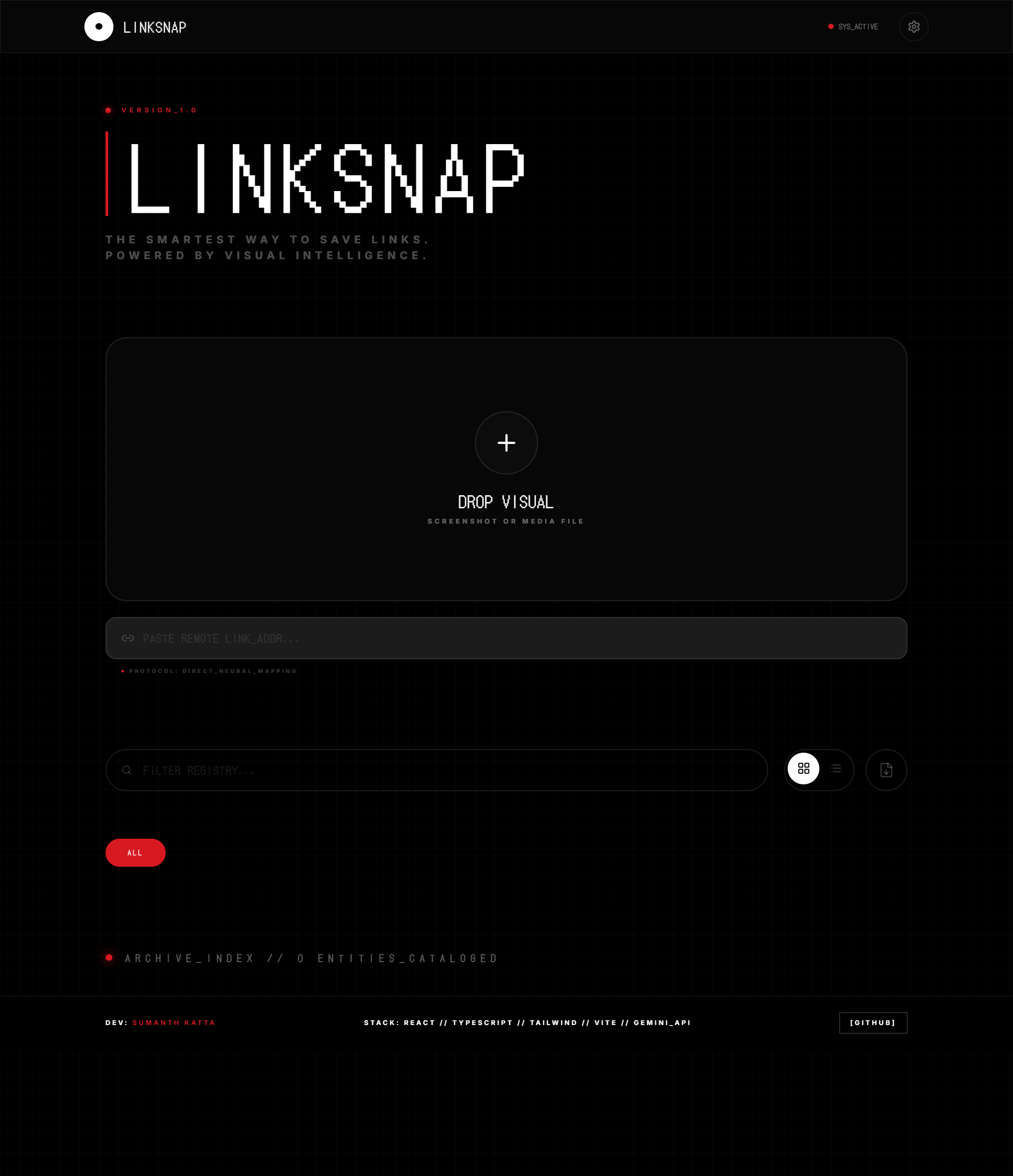 LINKSNAP project interface: Optical ingestion engine converting screenshots to searchable URLs with OCR technology and computer vision analysis for knowledge organization